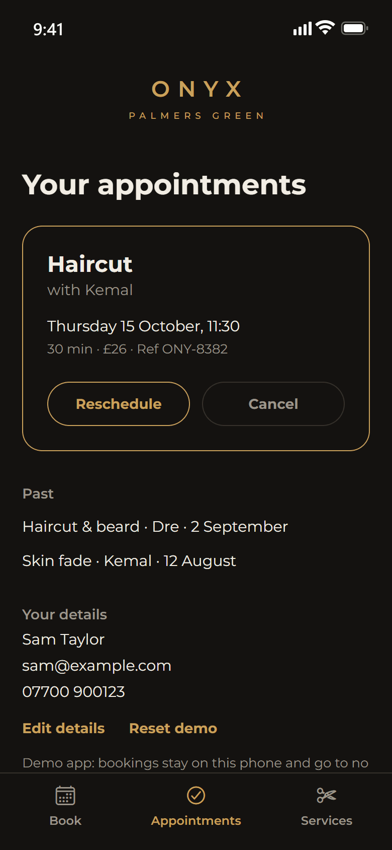 Your appointments: the next cut with reschedule and cancel options