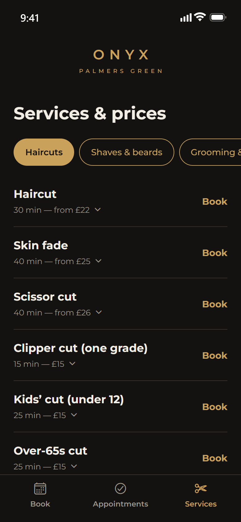 Services and prices, grouped by category