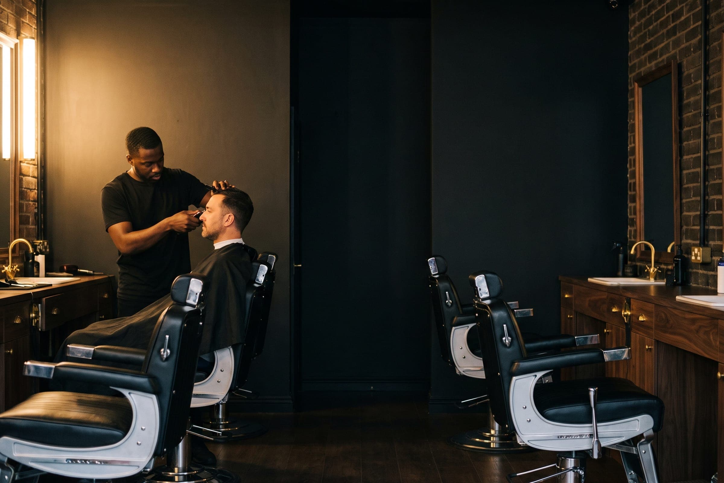 A barber giving a client a skin fade in warm light
